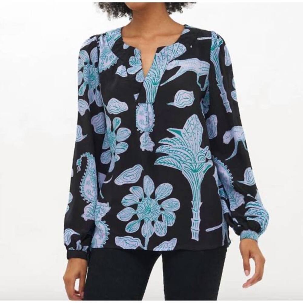 Oliphant Black Blue Paisley Cheetah Floral‎ Print Split Neck Long Sleeve Top XS